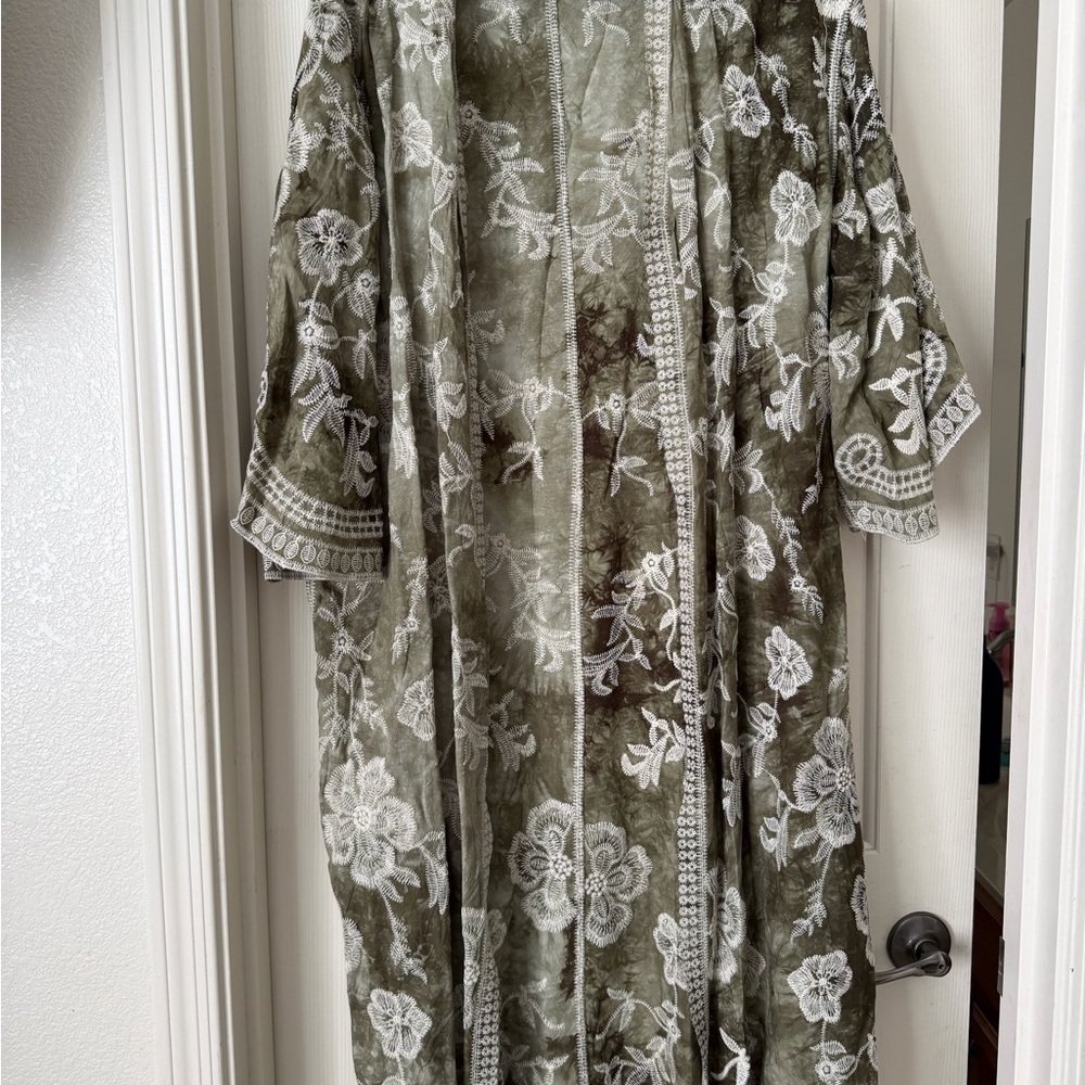 Raj Green Kimono with White Embroidery